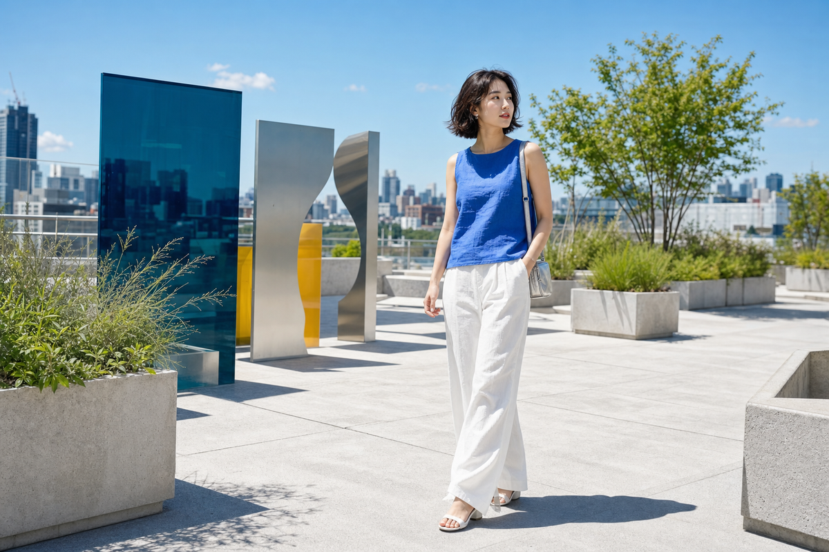 A Korean creative director in a cobalt linen top and white trousers on a sunny Seoul rooftop art terrace
