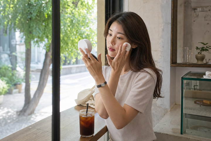 A candid Korean woman doing a cushion makeup touch-up by a cafe window