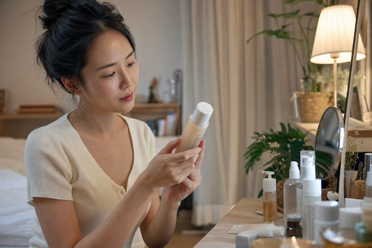 A candid Korean woman reading about skincare ingredients at home