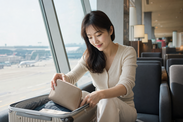 A candid Korean woman packing a skincare pouch at an airport lounge