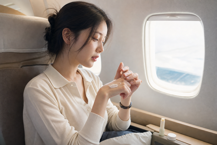 A candid Korean woman using hand cream by an airplane window