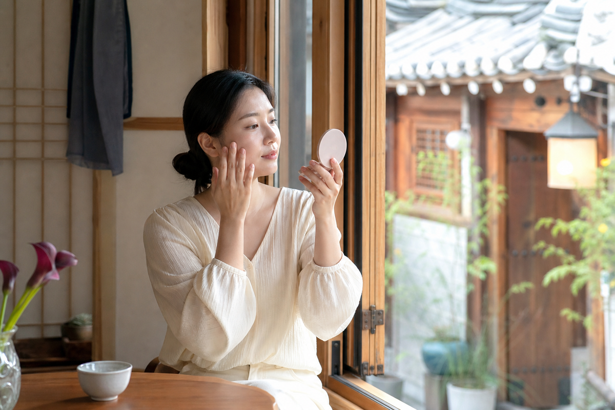 A candid Korean woman checking her skin by a hanok-inspired window