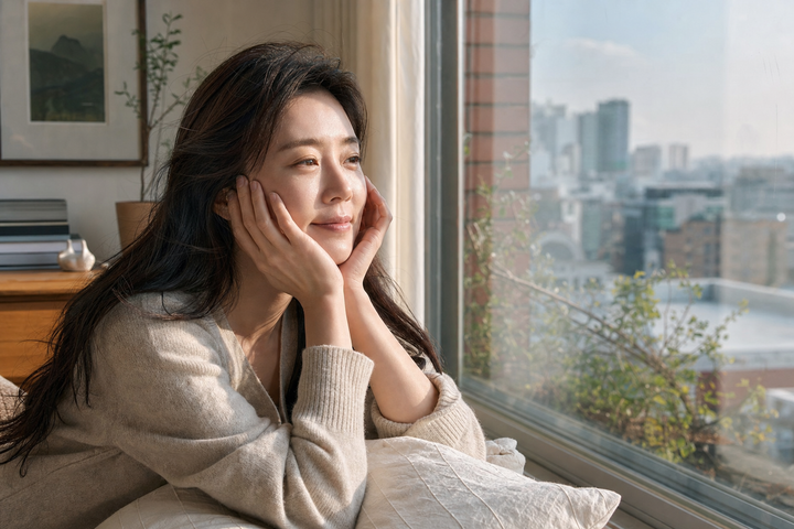 A candid Korean woman resting after a windy Seoul commute