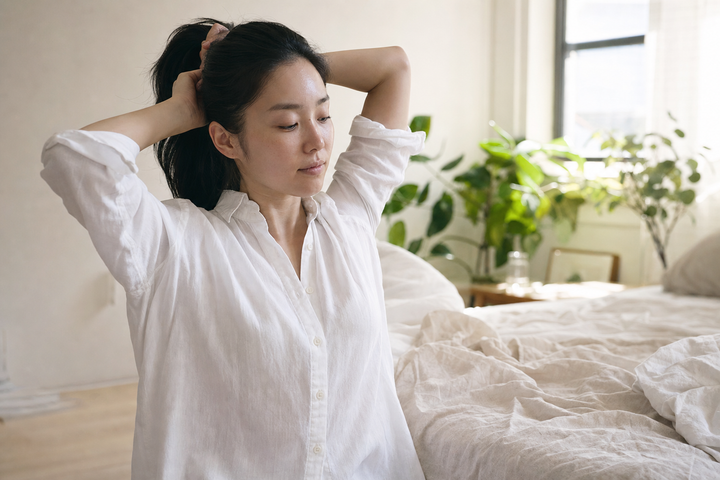 A candid Korean woman tying back her hair in a bright bedroom