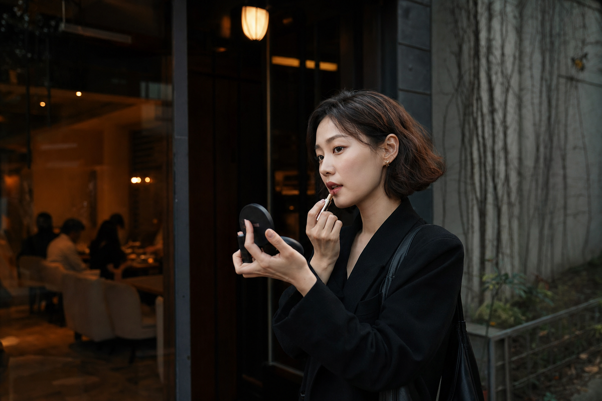 A candid Korean woman finishing a soft makeup look before dinner