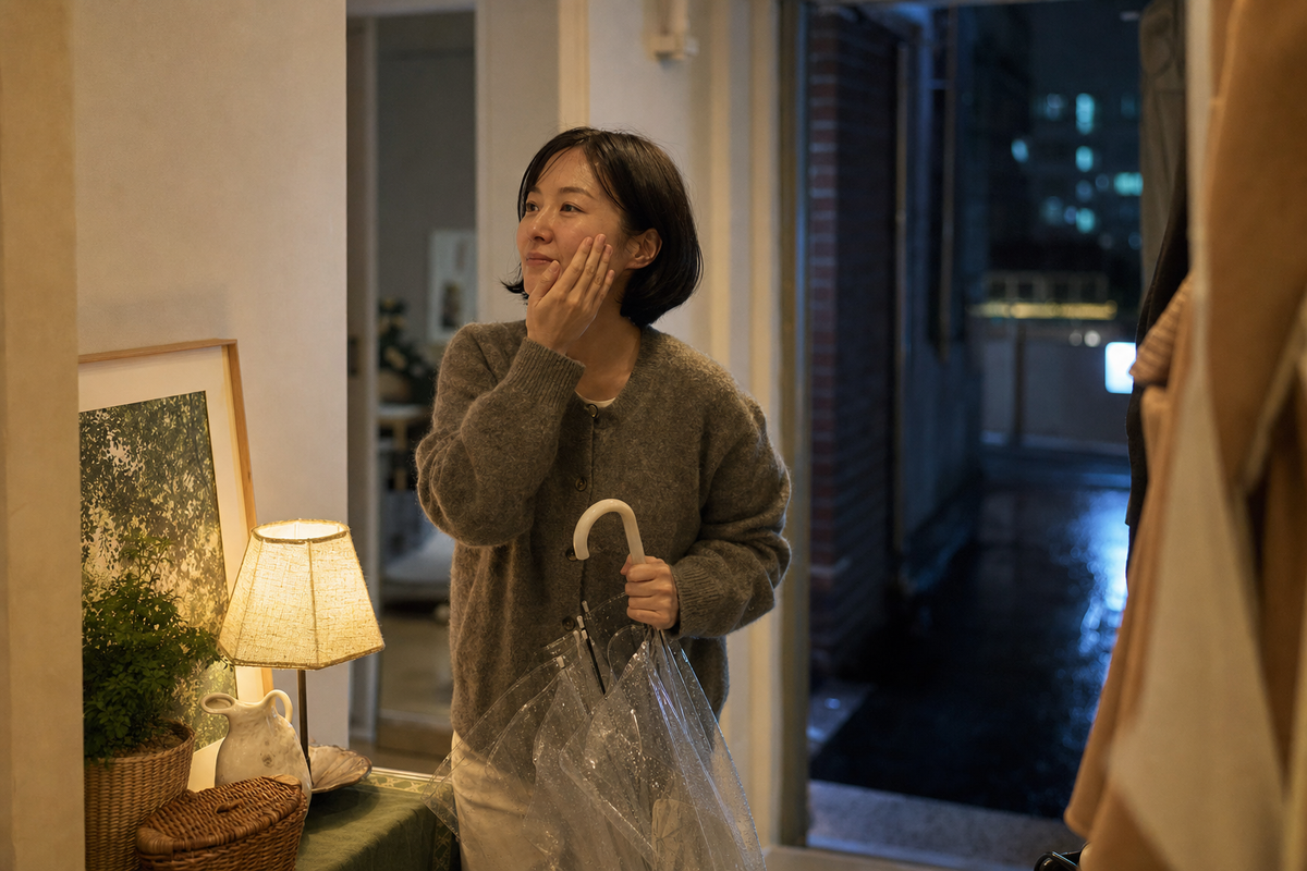 A candid Korean woman coming home on a rainy Seoul evening