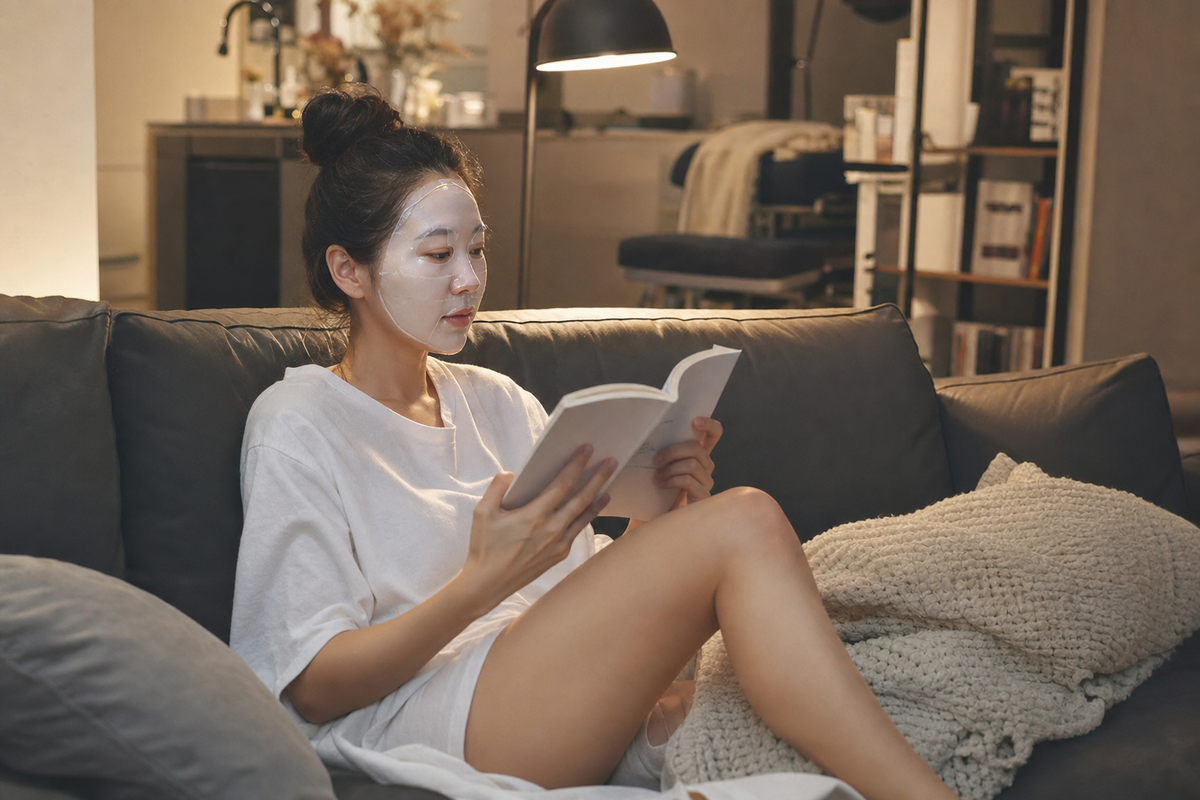 A candid Korean woman relaxing with a sheet mask and a book