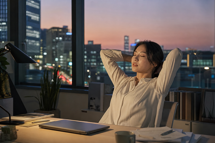 A candid Korean woman finishing a long workday at a Seoul office