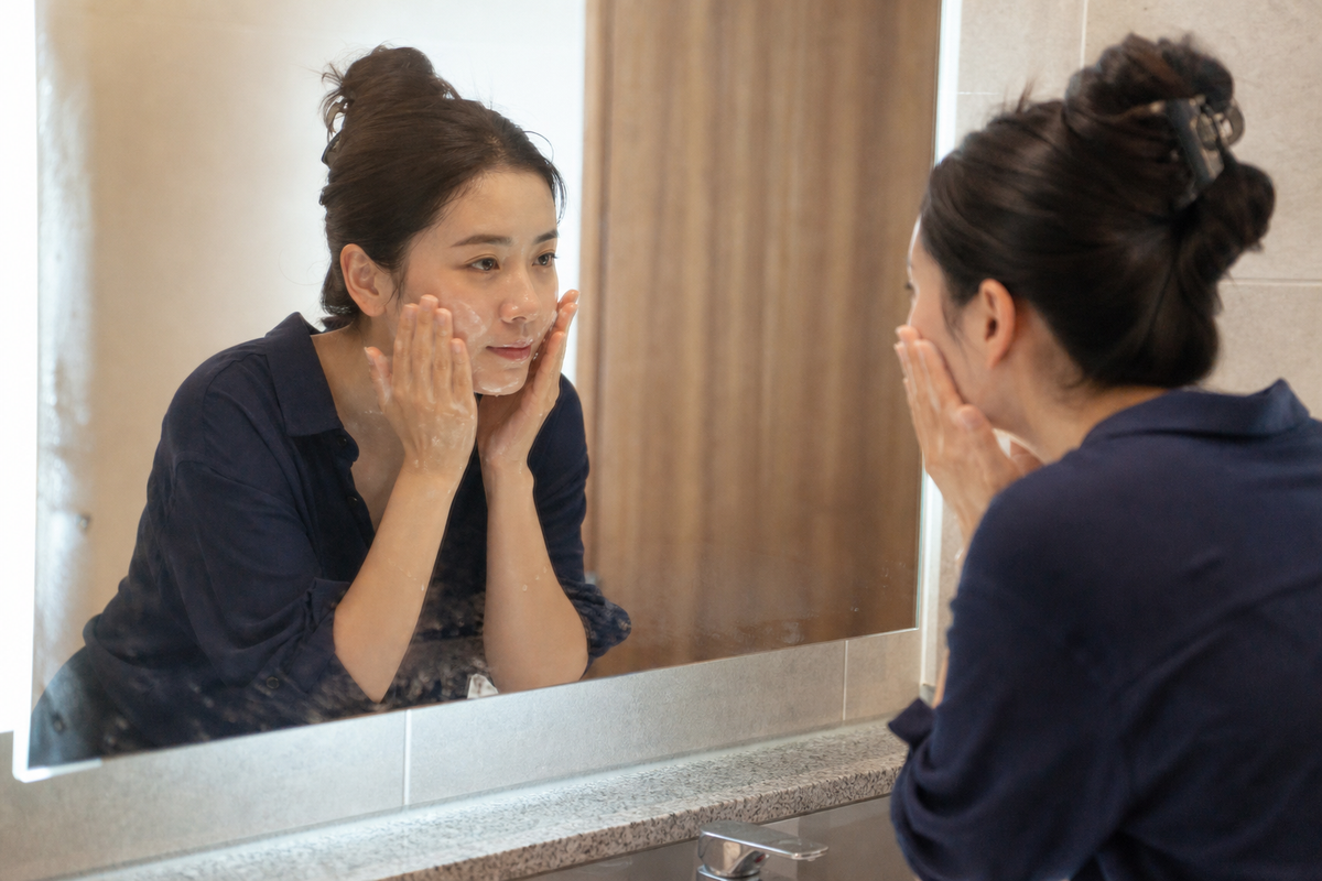 A candid Korean woman washing her face after a Seoul commute
