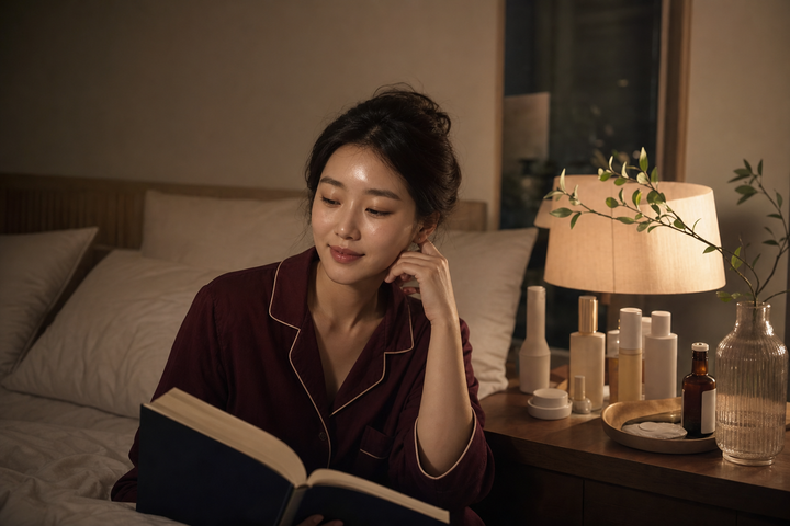 A candid Korean woman settling into a careful nighttime routine