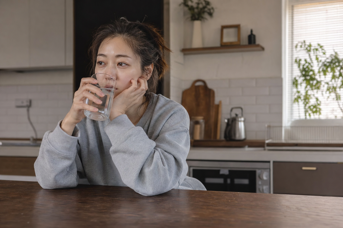 A candid Korean woman drinking water after a late night