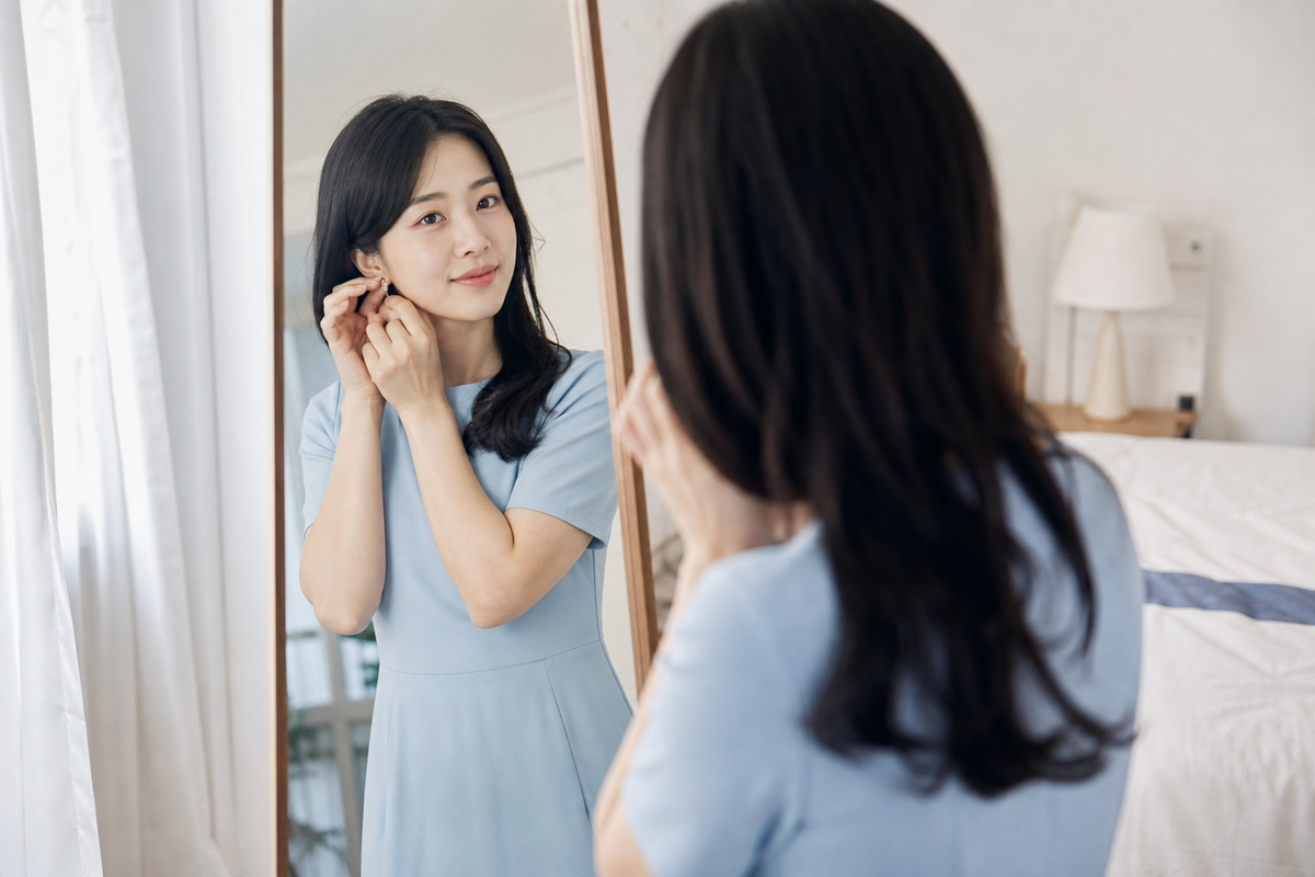 A candid Korean woman preparing for a friend's wedding