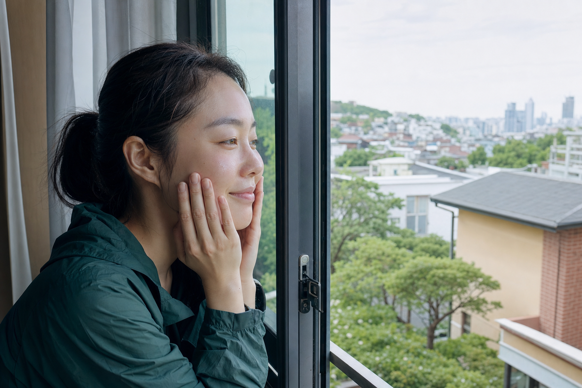 A candid Korean woman cooling down after a neighborhood walk