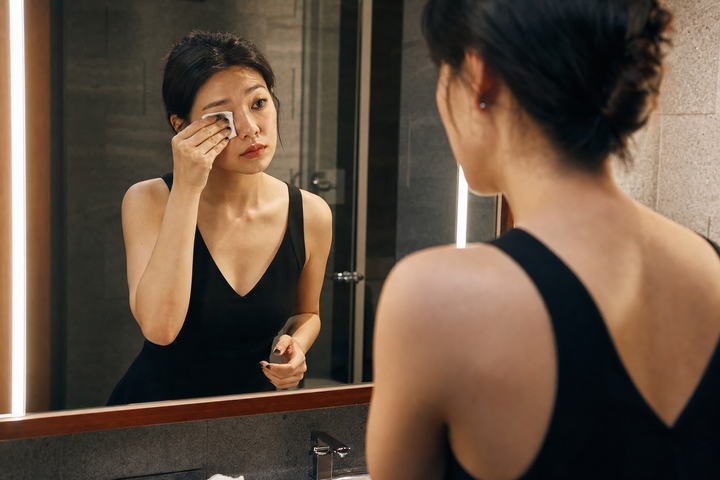 A candid Korean woman removing evening makeup at a bathroom sink