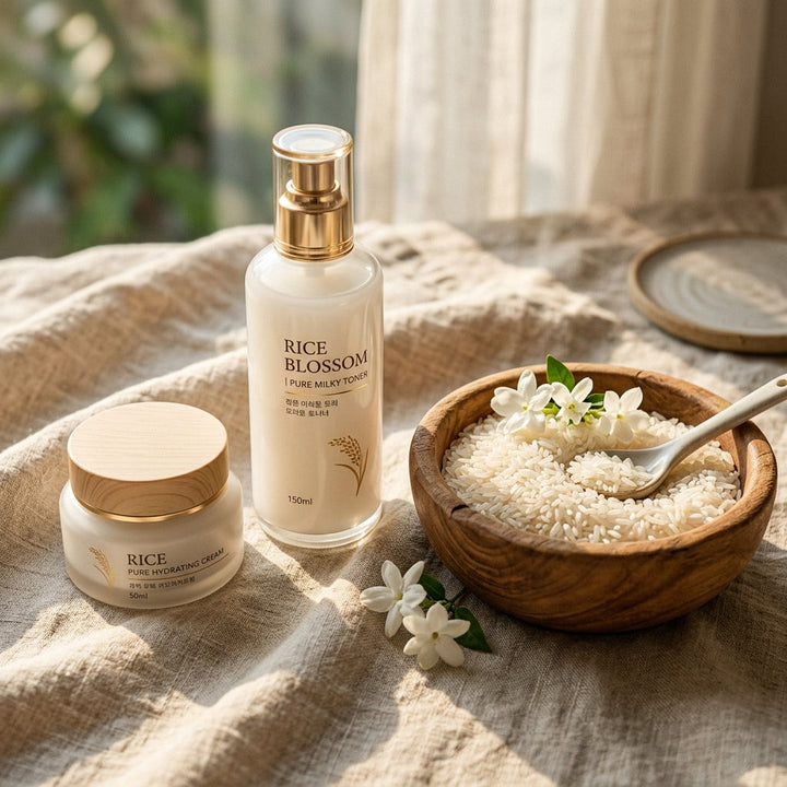 Korean rice toner, cream, and sunscreen skincare routine