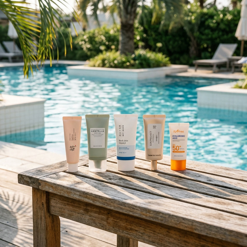Five Korean sunscreen products arranged for a skincare guide