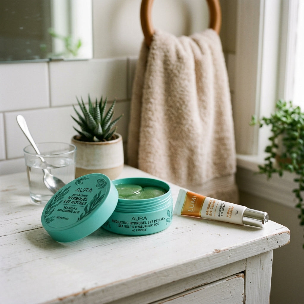 Korean eye cream and hydrogel eye patches editorial flat-lay
