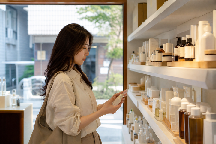 A candid Korean woman browsing a Seoul beauty concept store