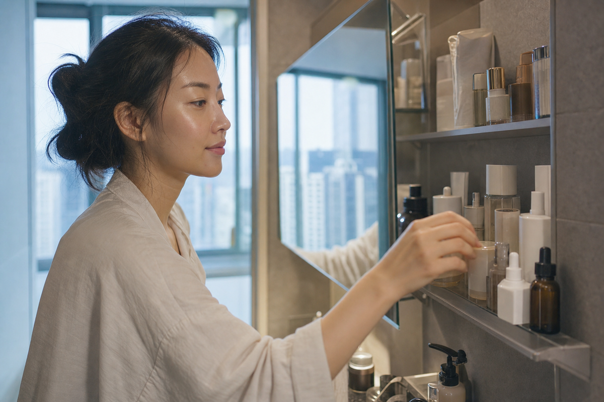 A candid Korean woman organizing a simple skincare routine at home