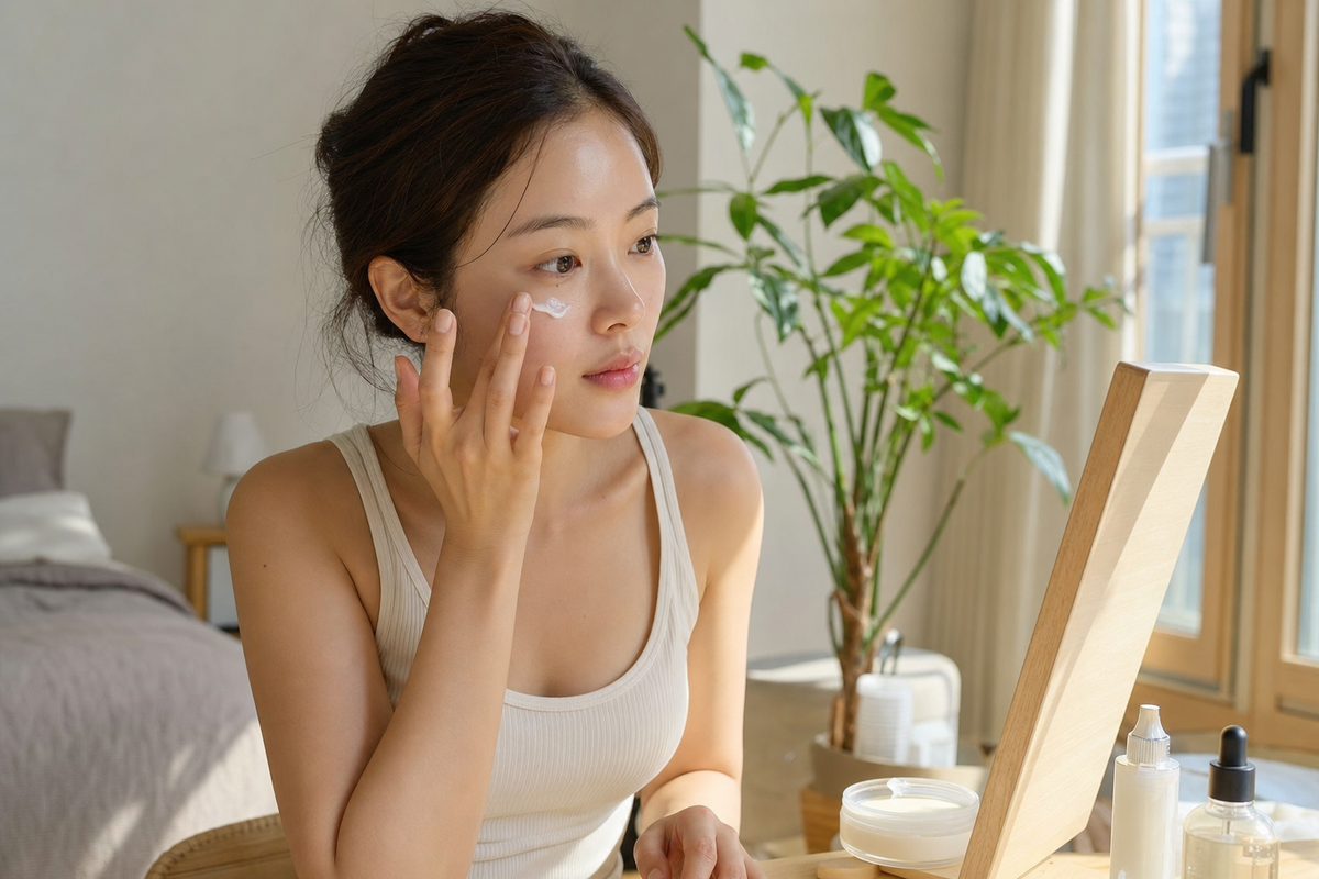 A candid Korean woman applying eye cream at a sunny vanity