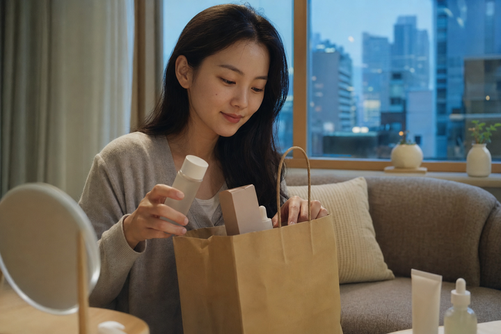 A candid Korean woman unpacking a skincare routine at home