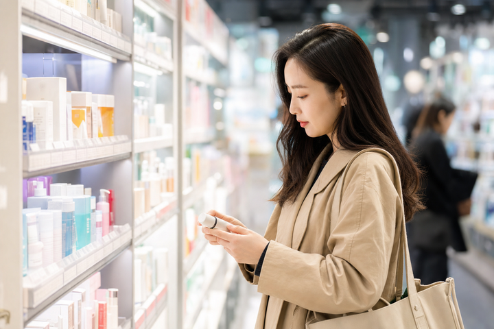A candid Korean woman browsing a Korean beauty store aisle
