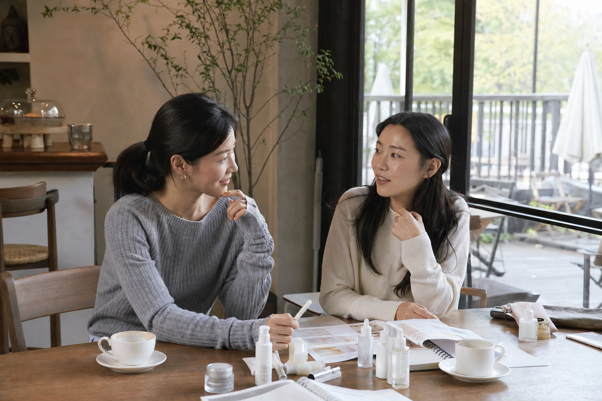 Two Korean women discussing skincare over coffee in Seoul