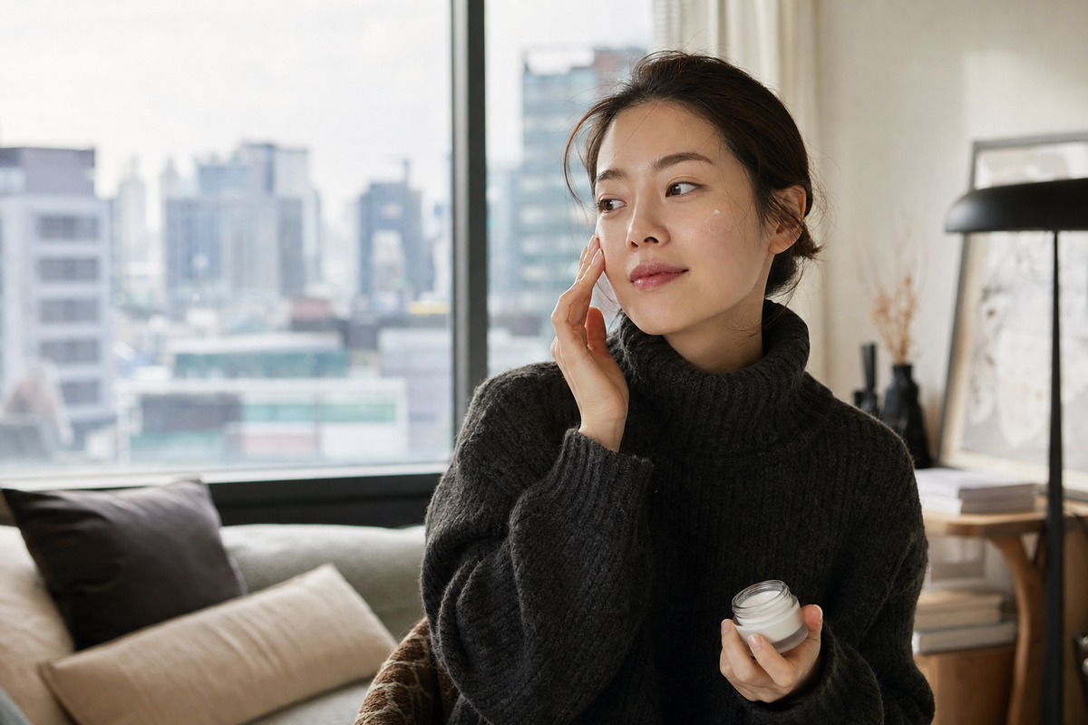 A candid Korean woman moisturizing after coming in from a cold day
