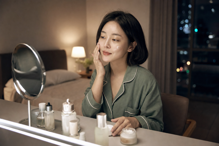A candid Korean woman preparing an evening routine at a bedside vanity