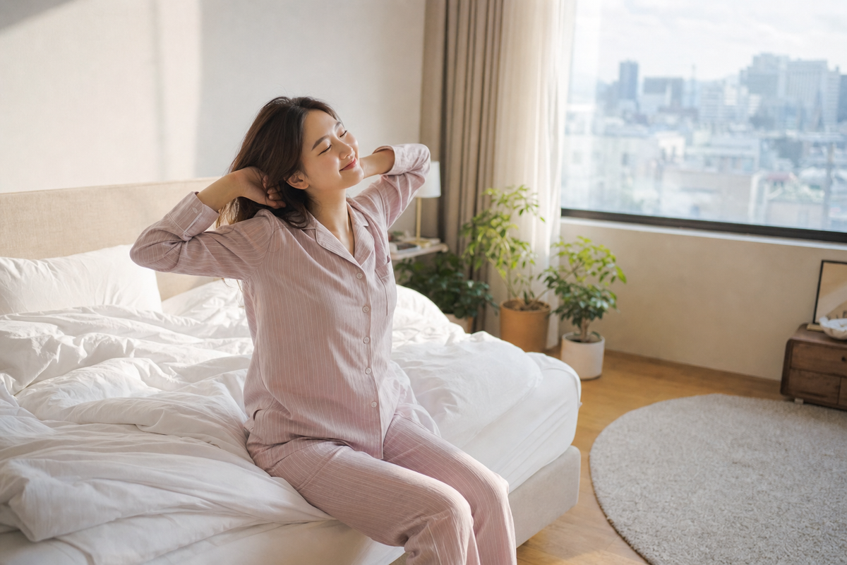 A candid Korean woman waking in soft morning light