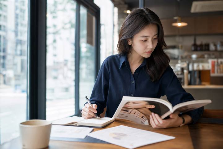 A candid Korean woman researching a beauty trend at a Seoul cafe