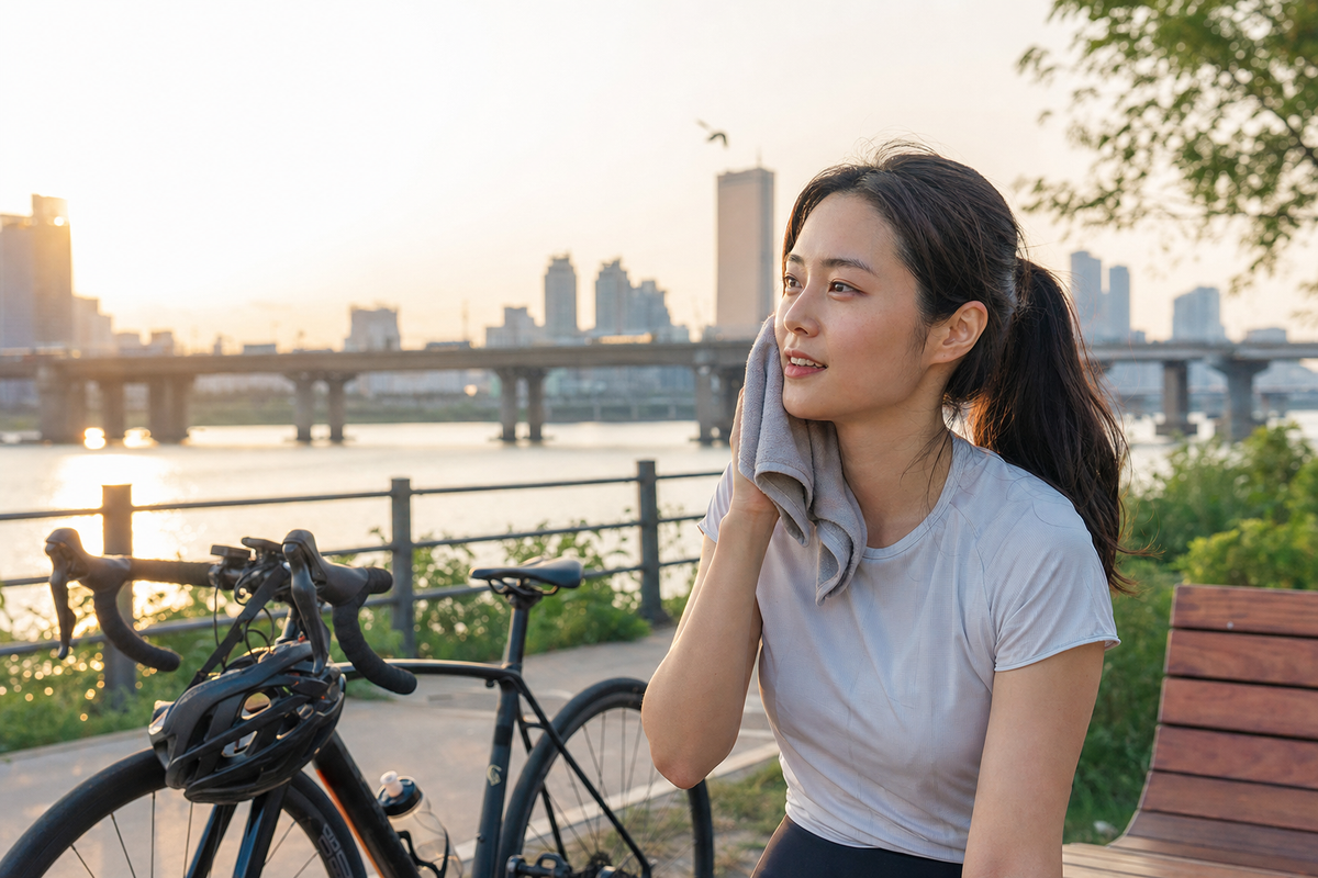 A candid Korean woman cooling down after cycling by the Han River