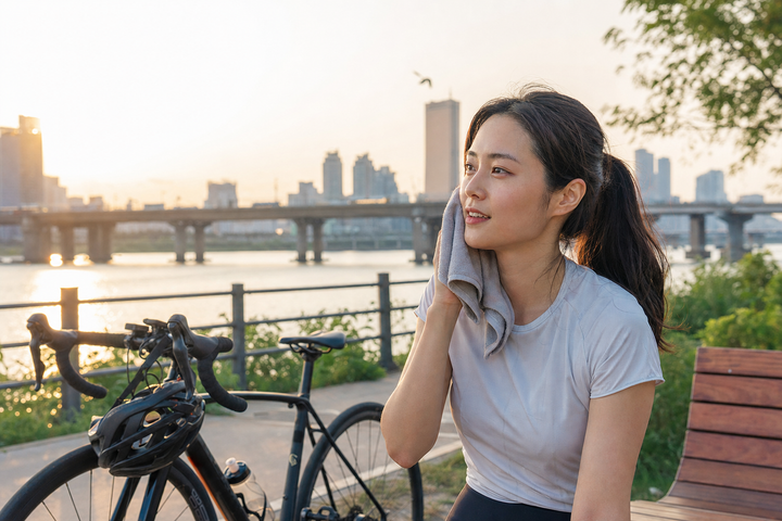 A candid Korean woman cooling down after cycling by the Han River