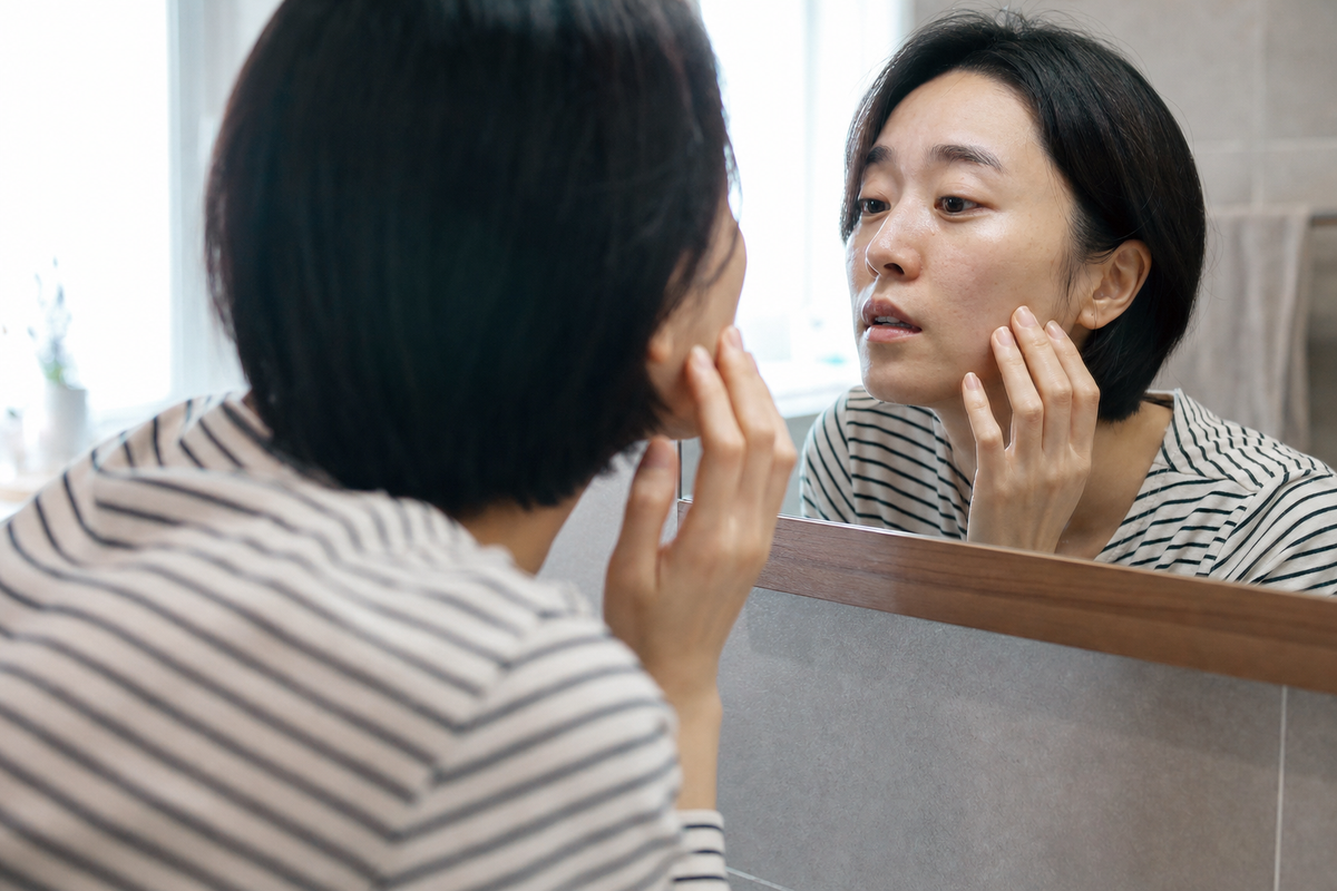A candid Korean woman checking her skin in a bathroom mirror