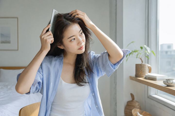 A candid Korean woman checking her scalp near a bedroom window