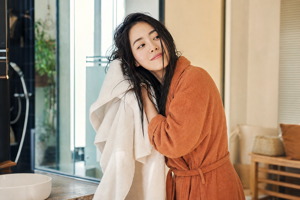 A candid Korean woman towel-drying her hair after a shower