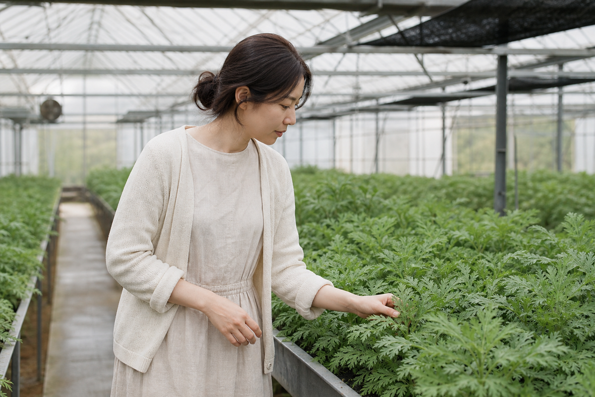 A candid Korean woman walking through a small herb greenhouse