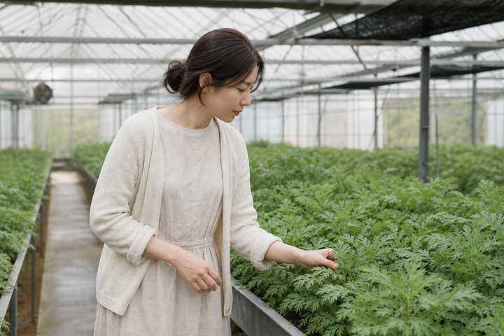 A candid Korean woman walking through a small herb greenhouse