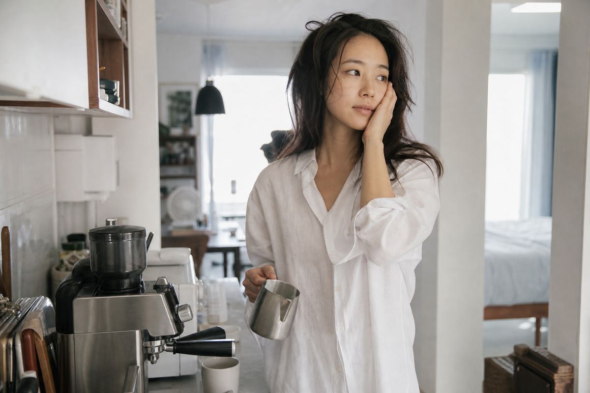 A candid Korean woman making coffee during a slow apartment morning
