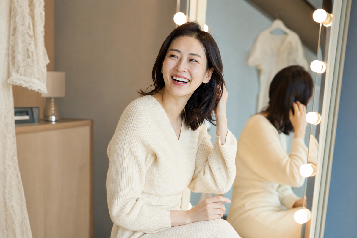 An elegant Korean woman laughing naturally while getting ready