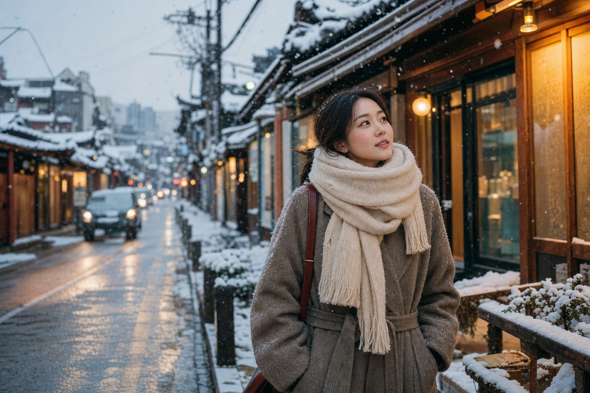 A candid Korean woman walking through a snowy Seoul neighborhood
