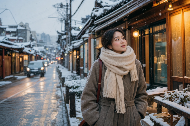 A candid Korean woman walking through a snowy Seoul neighborhood