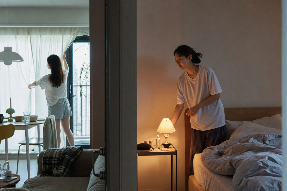 Two Korean roommates moving through contrasting morning and night routines
