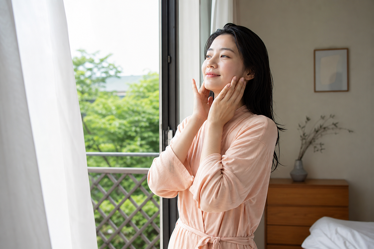 A candid Korean woman patting moisture into her skin after a shower