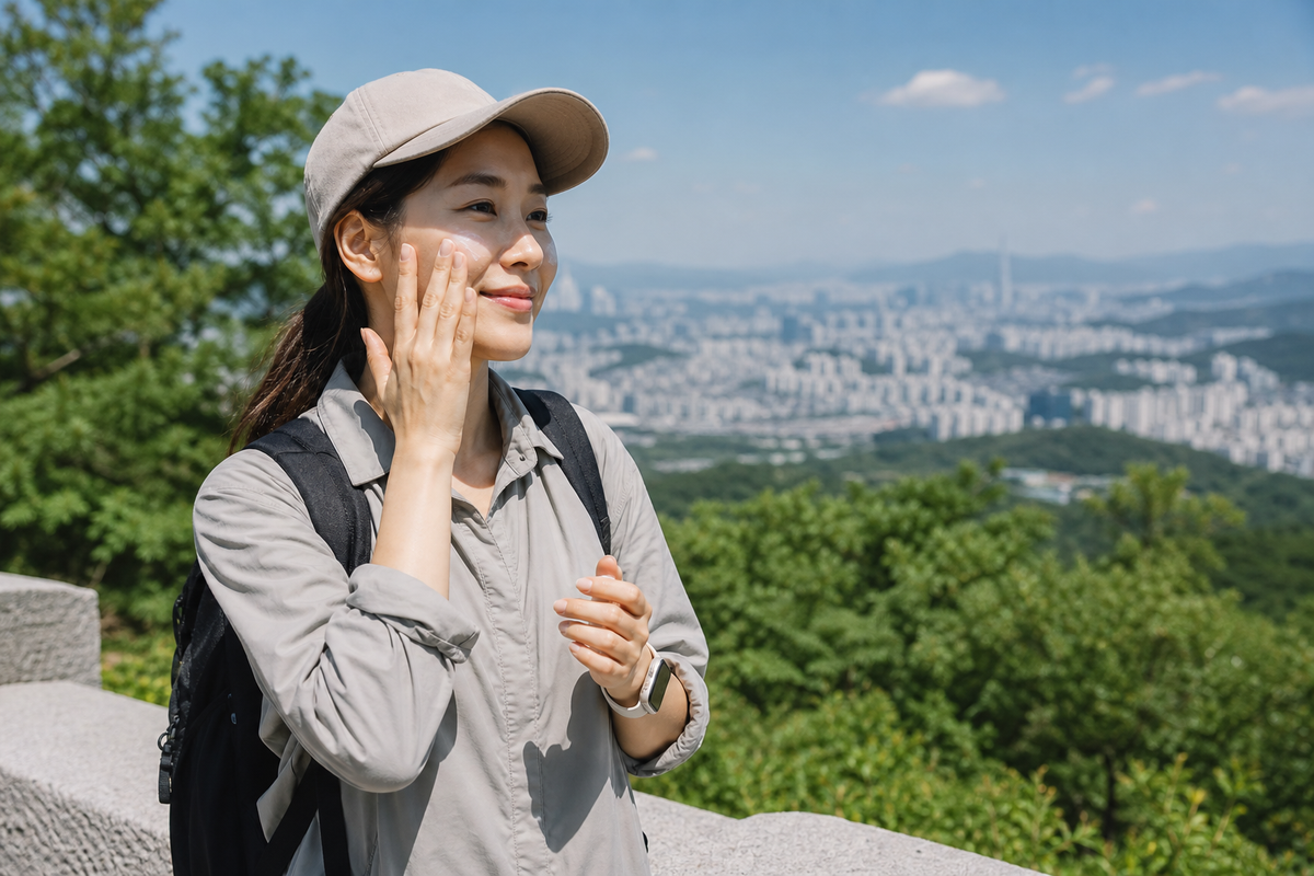 A candid Korean woman applying sunscreen before a weekend hike