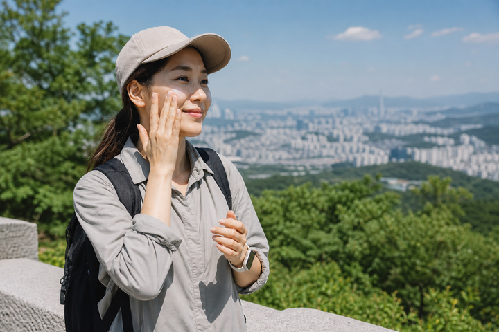 A candid Korean woman applying sunscreen before a weekend hike