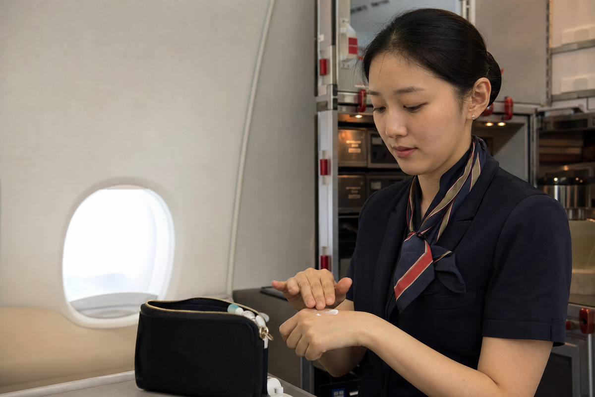 A Korean flight attendant applying hand cream in an aircraft galley beside a compact skincare pouch