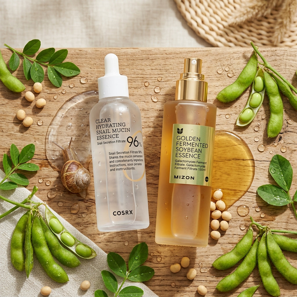 Snail mucin and soybean essence skincare comparison