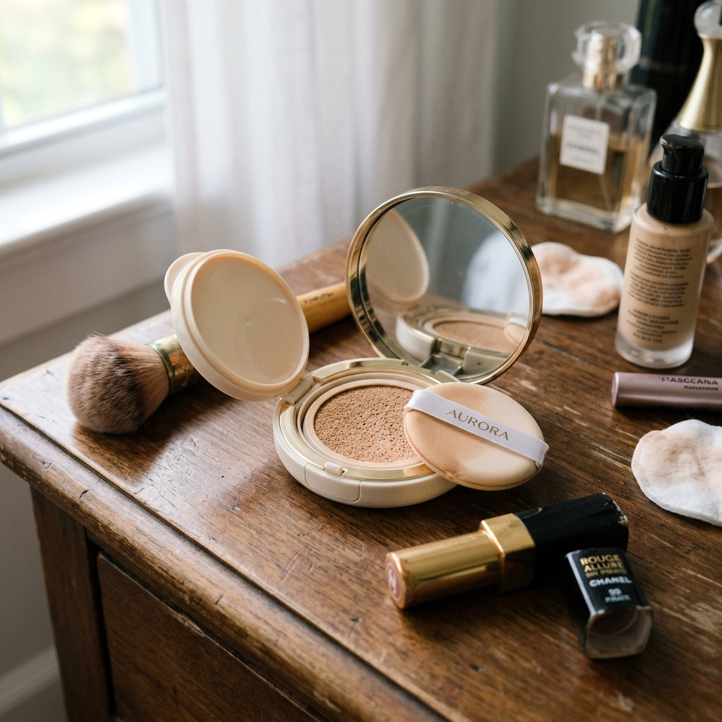 Korean cushion foundation compact with dewy glow editorial still life
