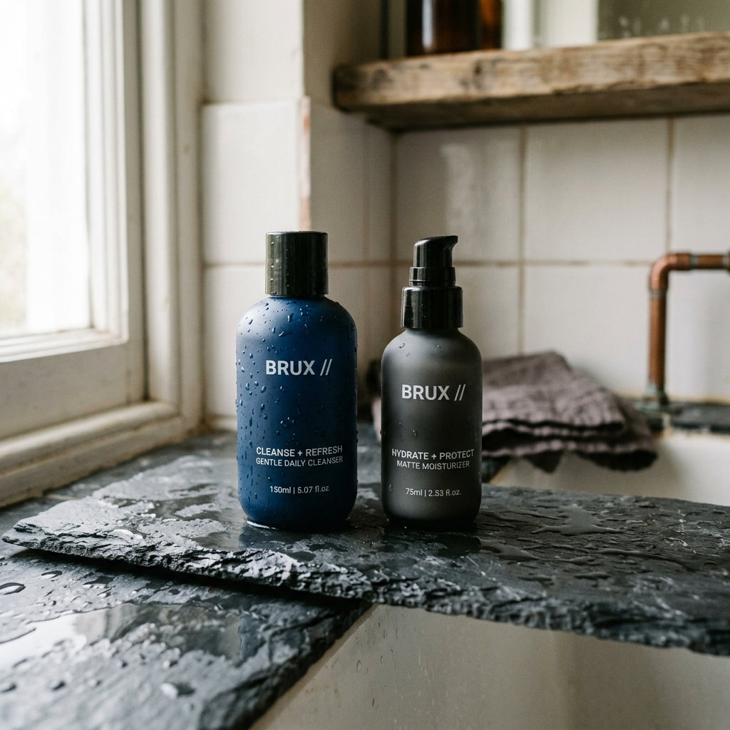 No-fuss Korean men's skincare set on a clean background
